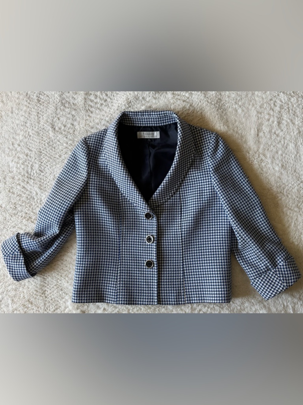 Tahari Navy & White Houndstooth Cropped Blazer